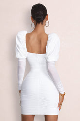 White Puff Sleeved Ruched Mini Dress